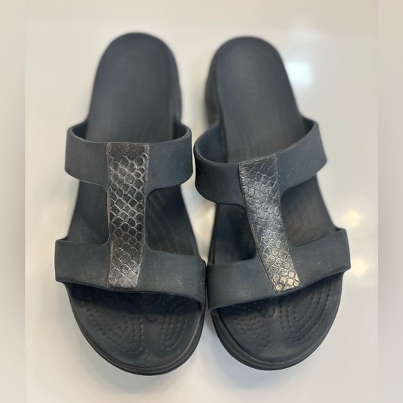 CROCS Black Monterey Slip-In Wedge Sandals with Black Metallic Stripe, 10W - Picture 1 of 8